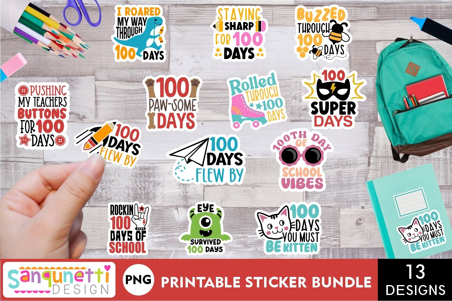 100 days of school PNG sticker bundle