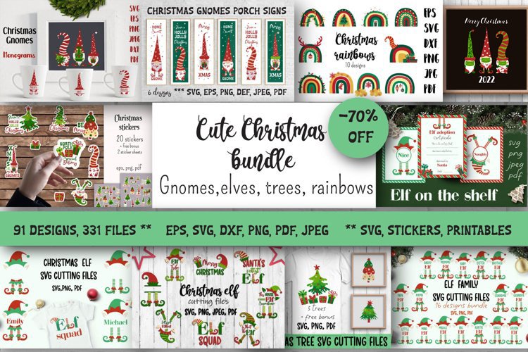 Cute Christmas bundle. SVG gnomes, elves, trees, rainbows.