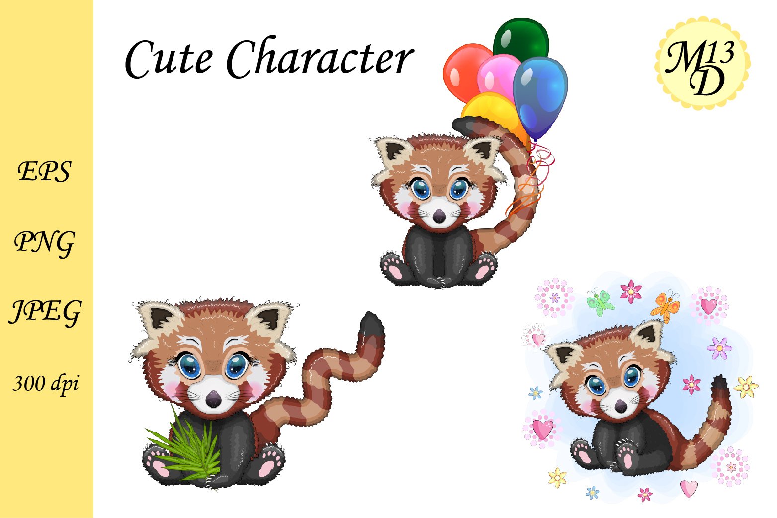 3 Cute Red panda. Christmas, Easter, summer holidays