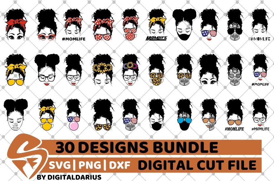 30x Messy Bun Designs Bundle svg, Bandana svg, Mom Life svg