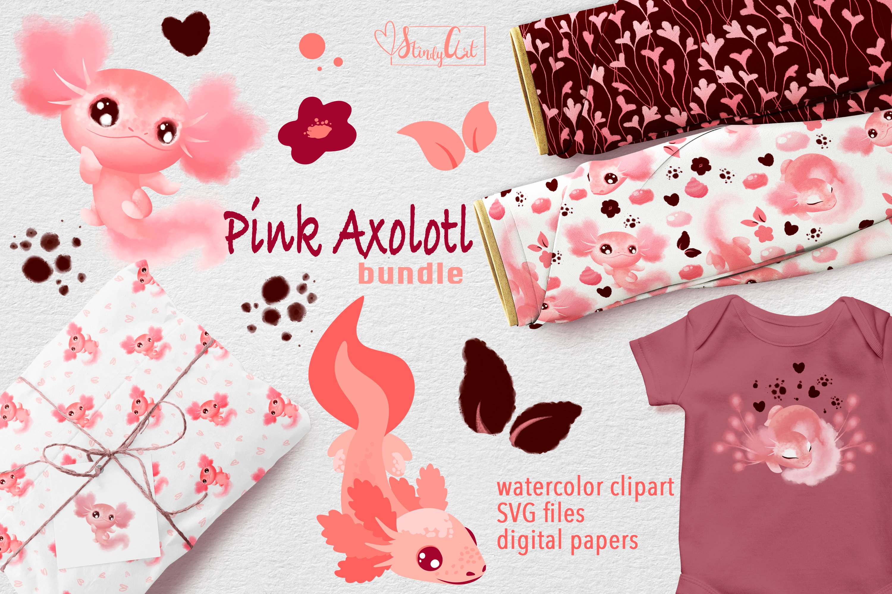 Pink Axolotl bundle - watercolor png, digital paper, svg
