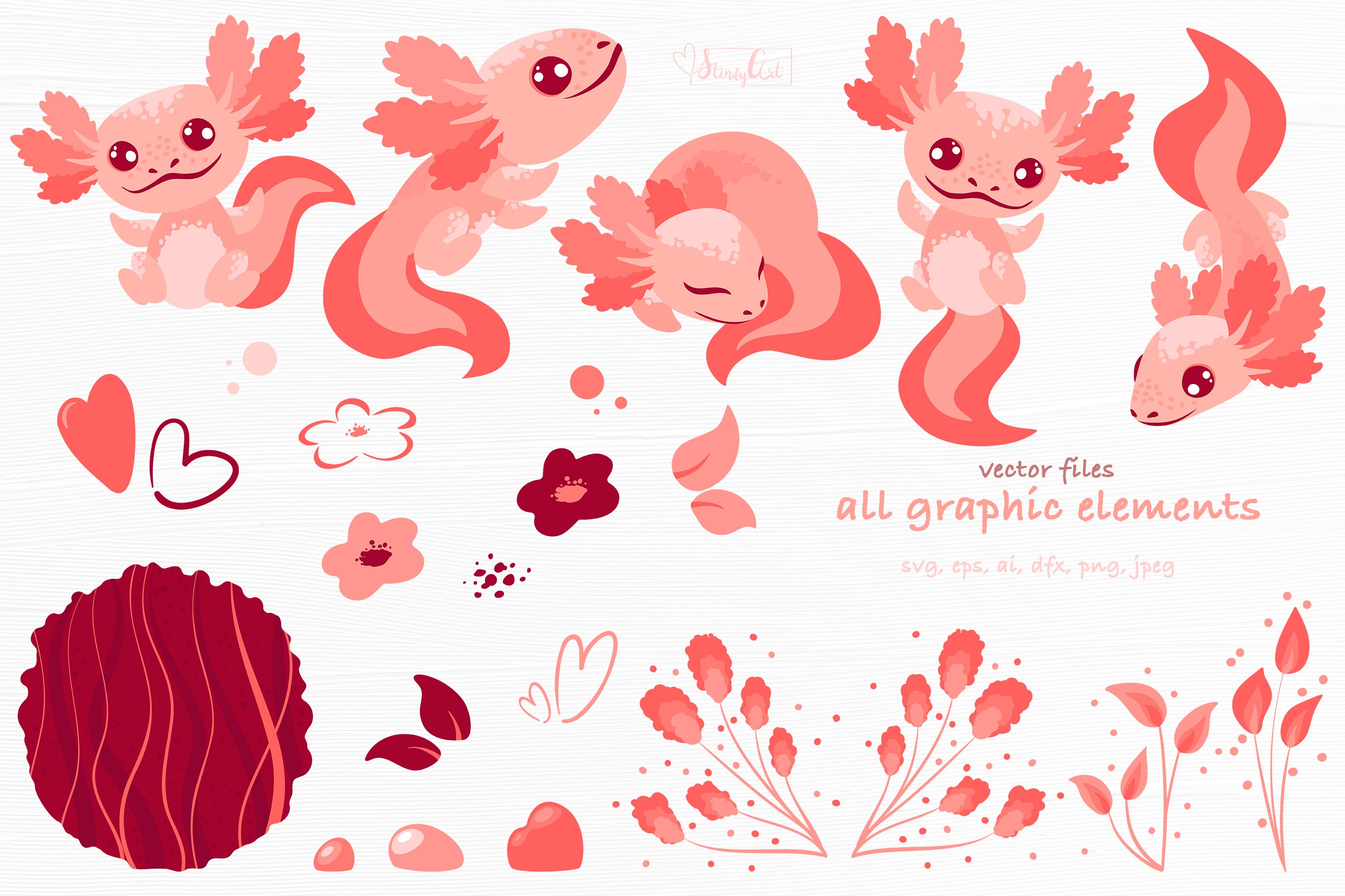 Pink Axolotl bundle - watercolor png, digital paper, svg 2