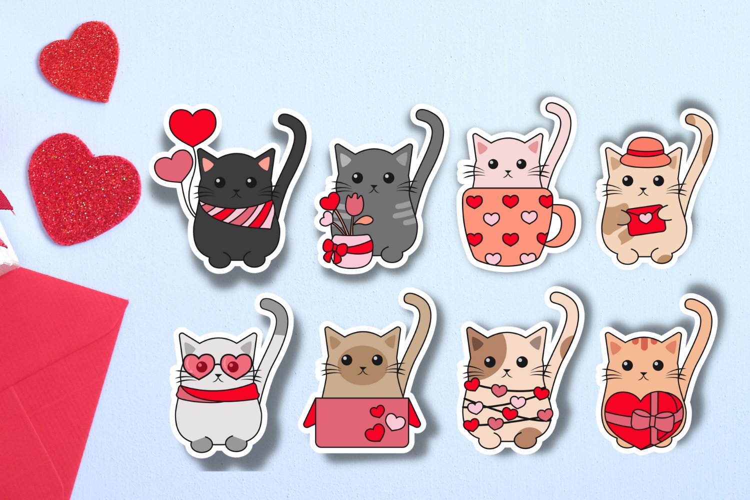 Valentine Cat Sticker Bundle , Cat Stickers , Valentines 2