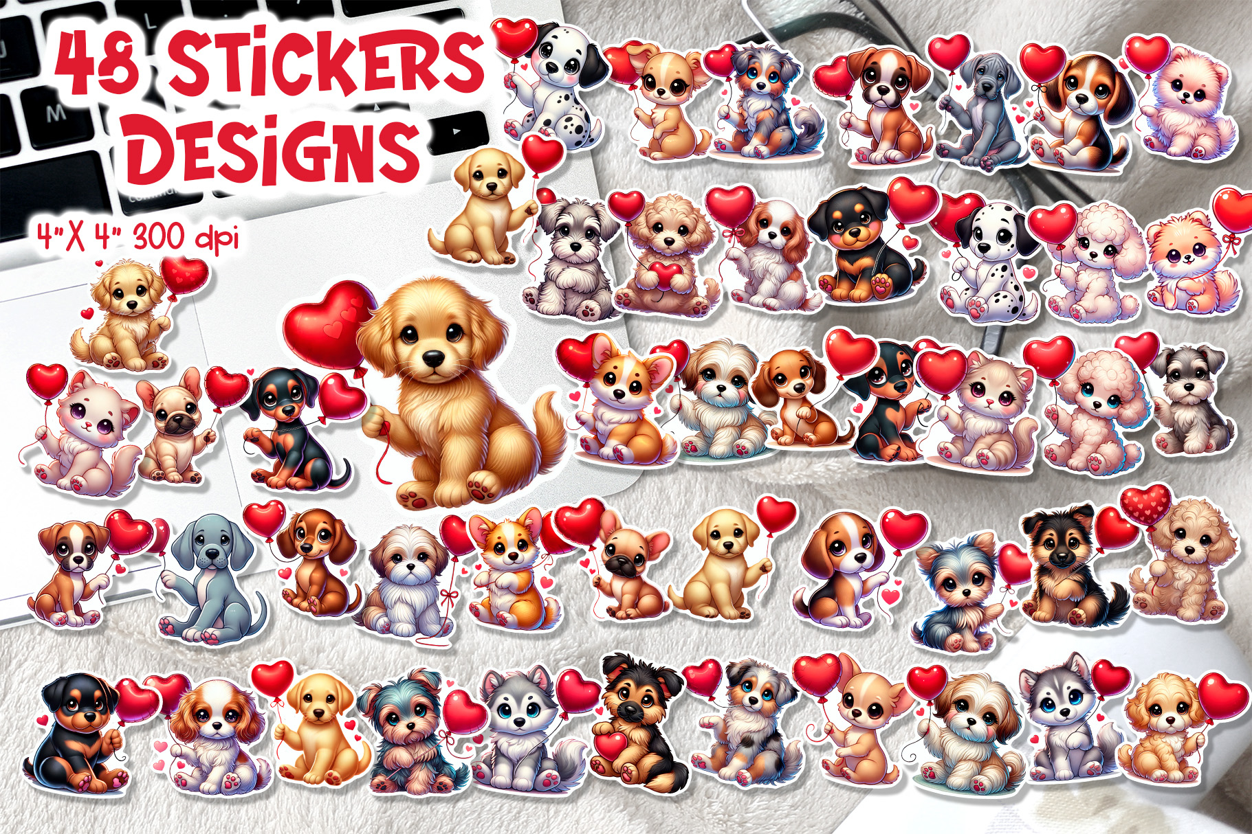 Cute Valentine Puppy Stickers Printable BUNDLE | Love Dogs