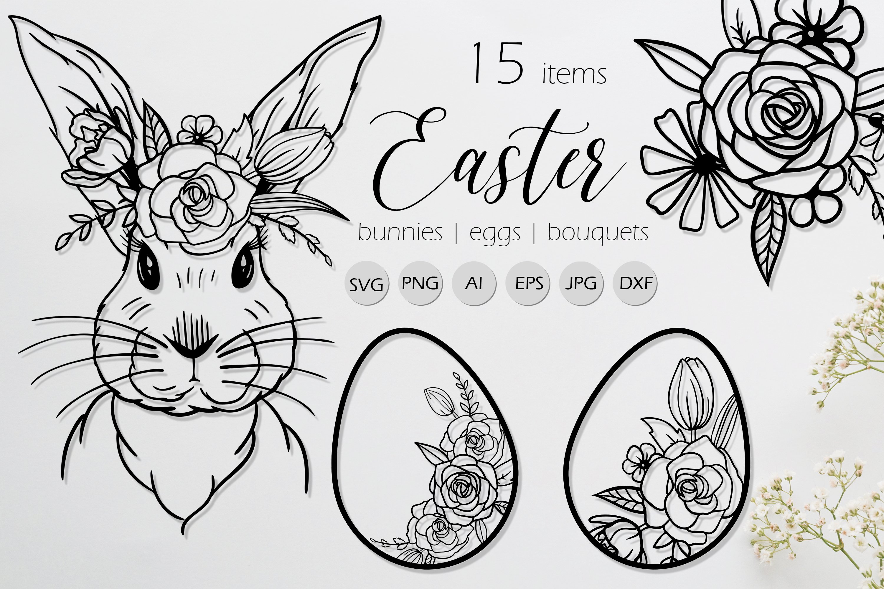 Easter Line Art Bunnies, Eggs, Flowers SVG