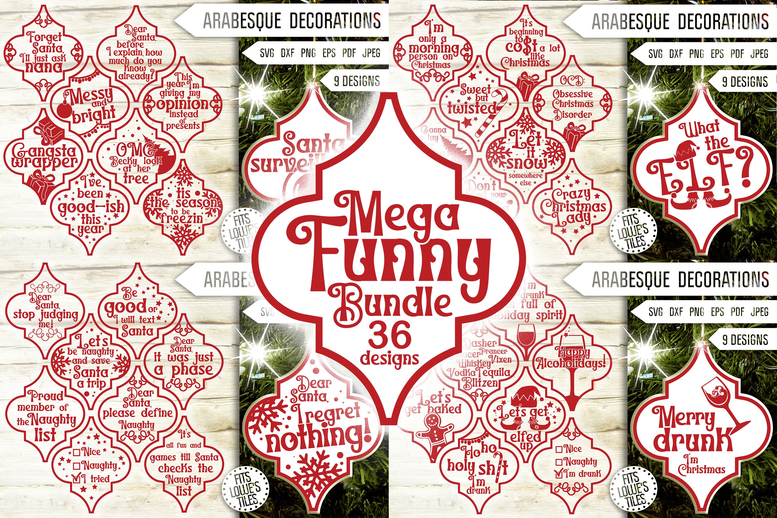 Funny Christmas Ornament Mega Svg Bundle. Arabesque Tile.