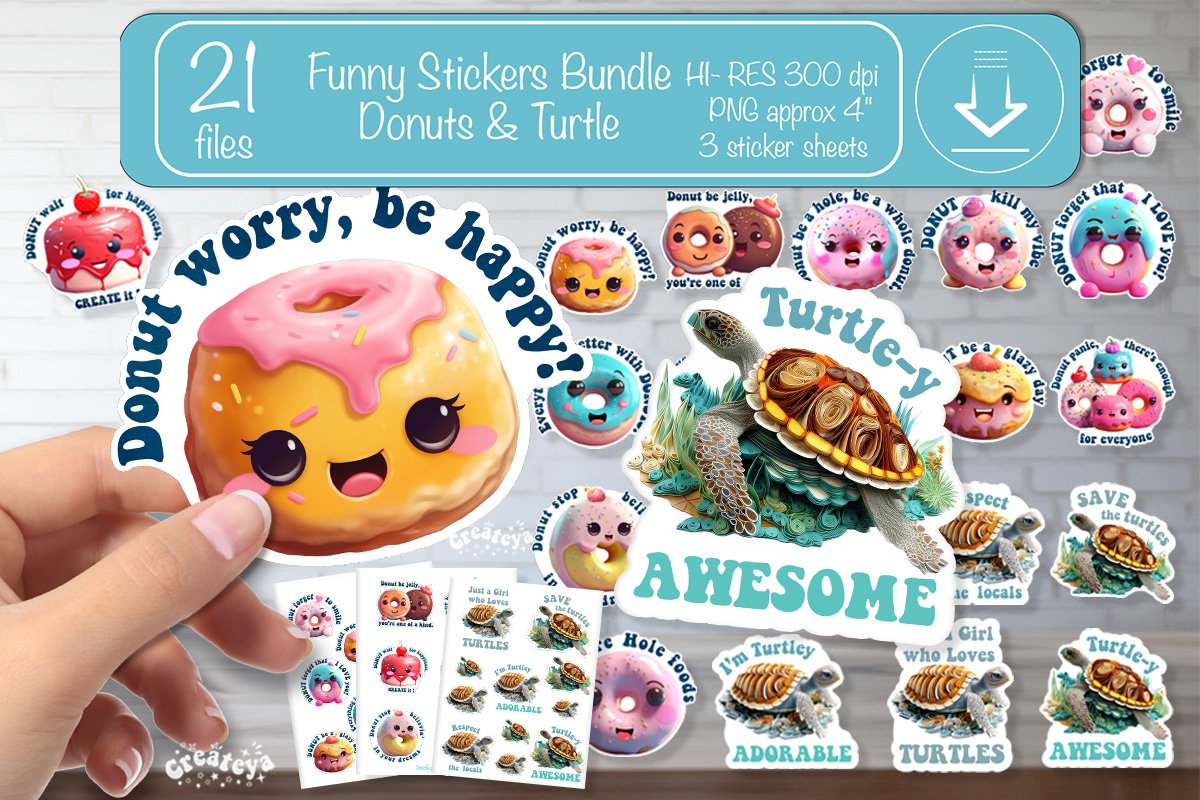 Funny Stickers Bundle Printable Kawaii Donuts pun printable
