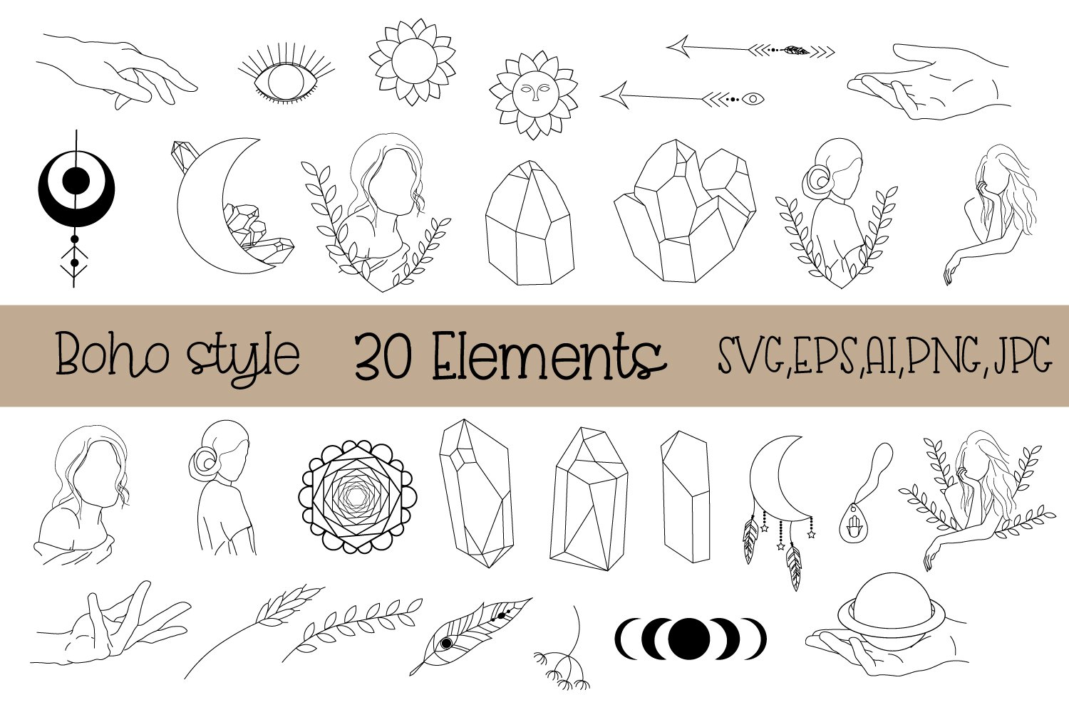 Boho SVG Bundle Mystical,Witchcraft,Crystal svg,Moon,Hands