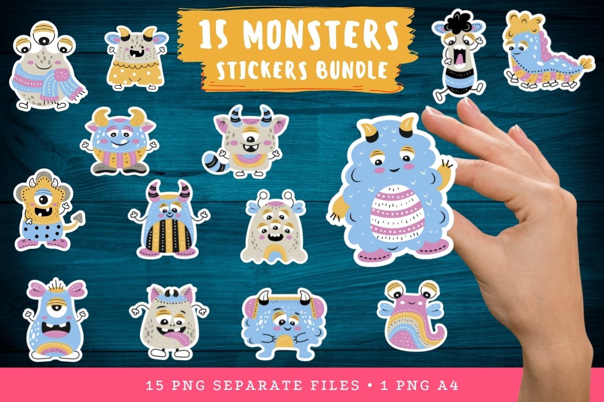 15 stickers with funny monsters bundle