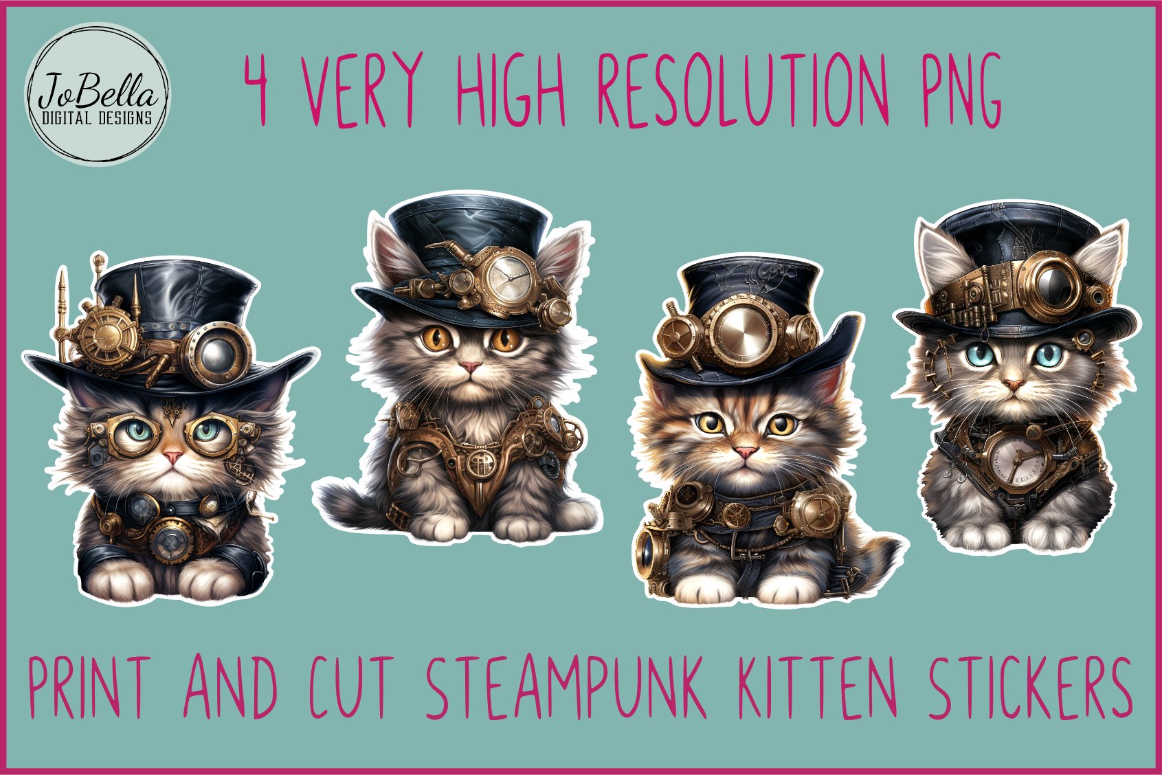 Steampunk Kitten Sticker Bundle With White Borders- Set of 4