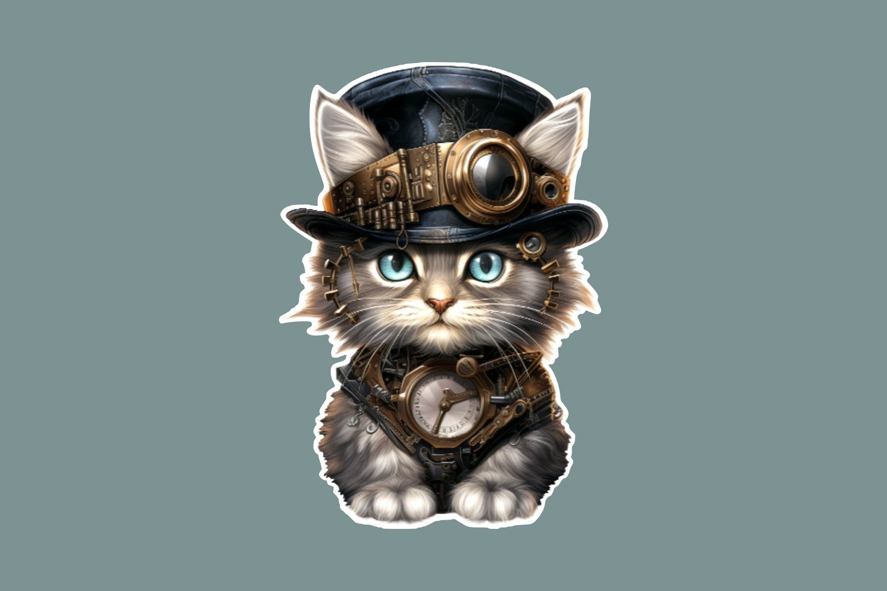 Steampunk Kitten Sticker Bundle With White Borders- Set of 4 2