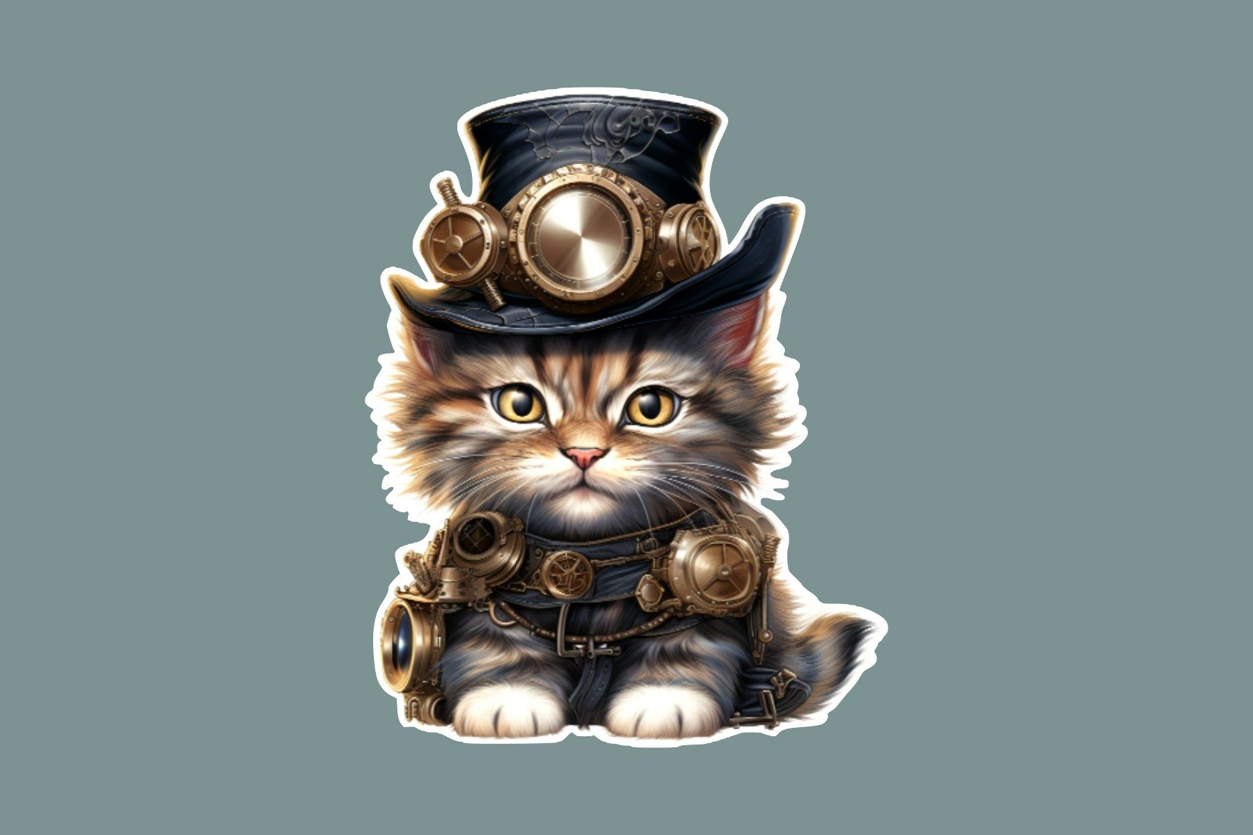 Steampunk Kitten Sticker Bundle With White Borders- Set of 4 3