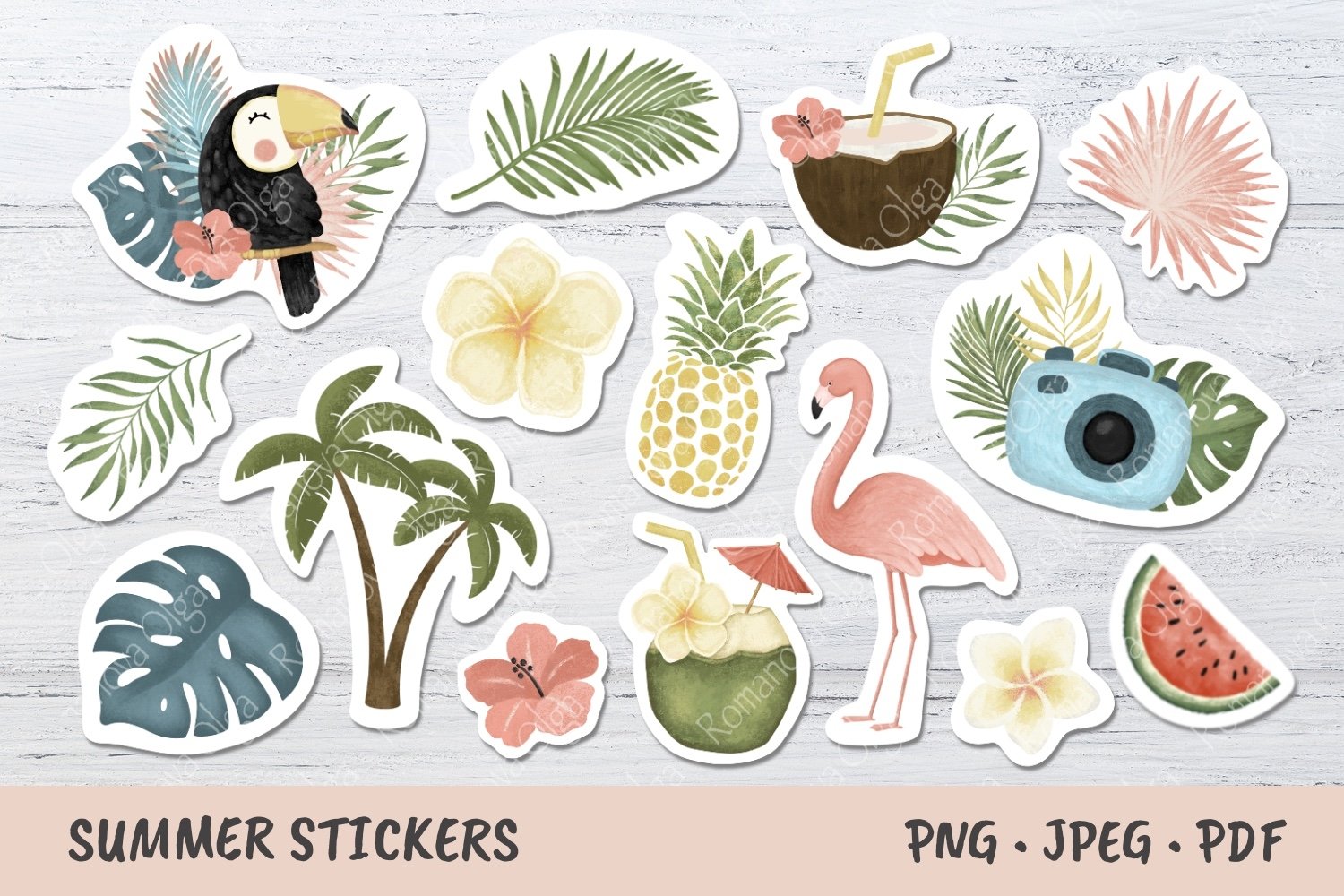 Summer stickers. Tropical illustrations