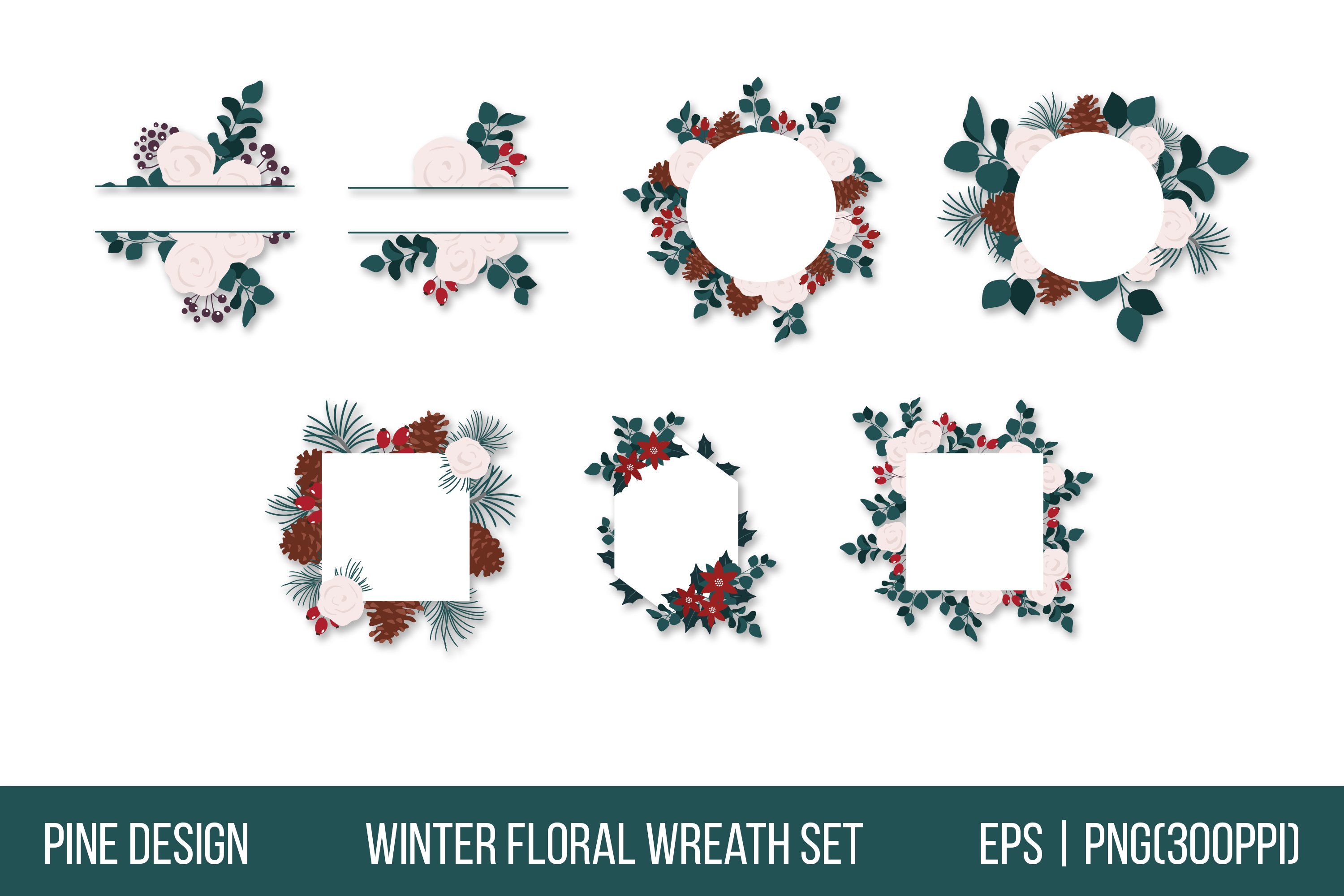 Winter flowers frames set, winter wedding, Christmas wreath
