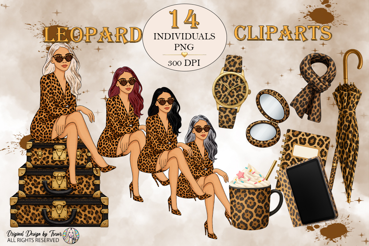 Leopard Fashion Girls Clipart PNG Bundle | 14 Chic Elements