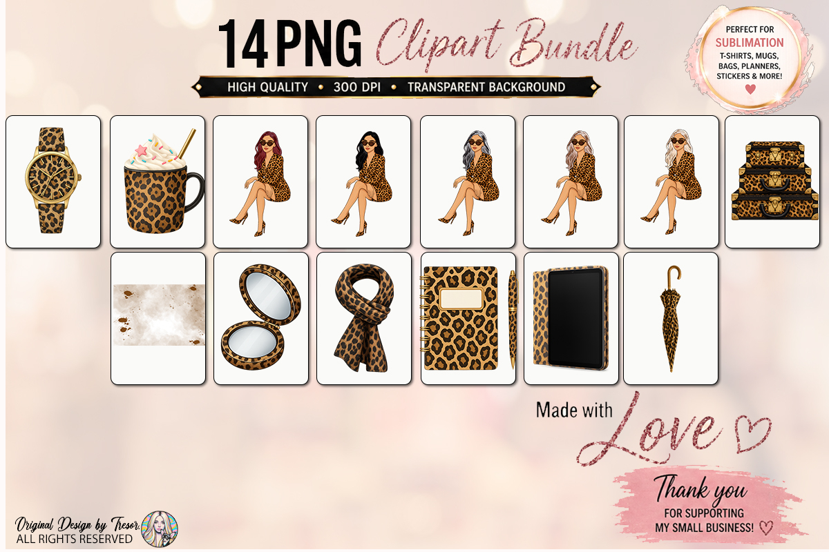 Leopard Fashion Girls Clipart PNG Bundle | 14 Chic Elements 2