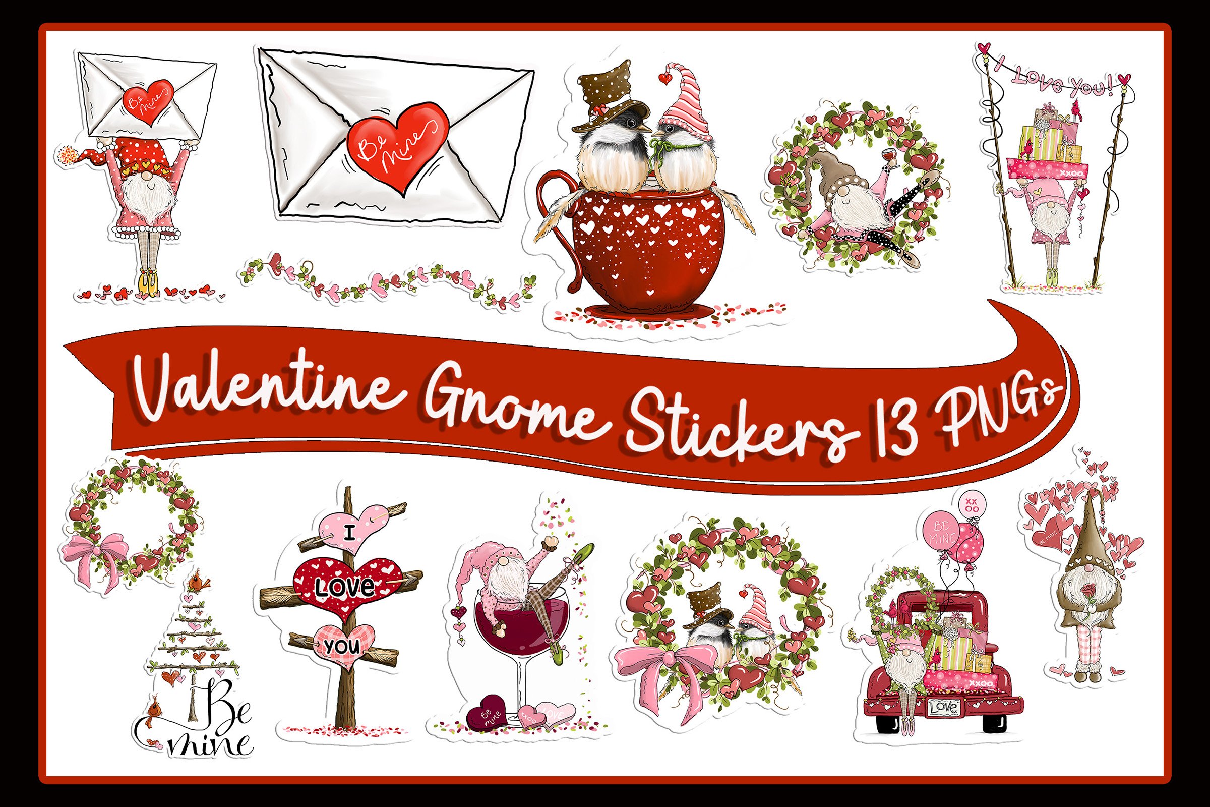 Valentine Gnome Stickers 13 Pngs - 300 DPI