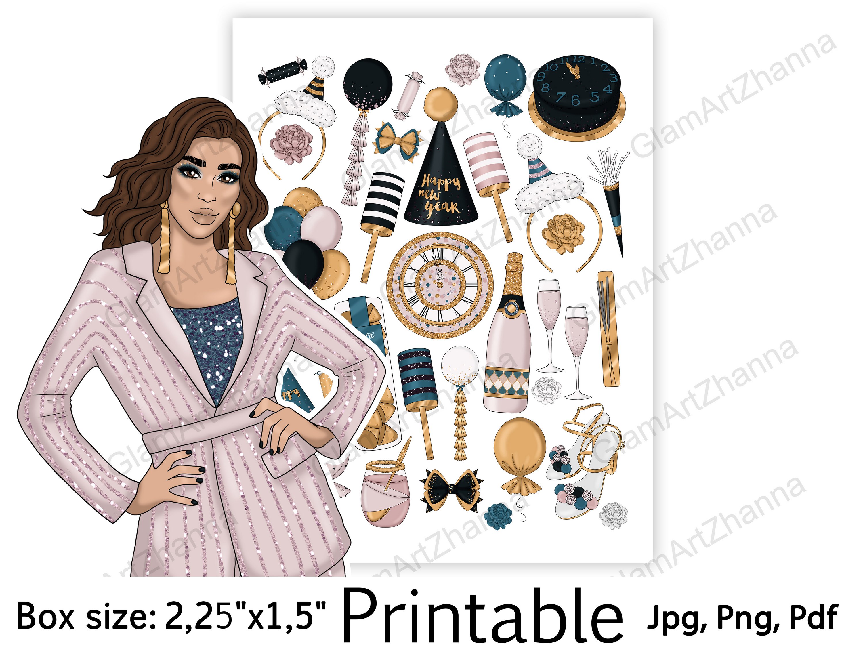 Happy New Year! Printable Sticker BoxSize 2,25"x1,5" 3