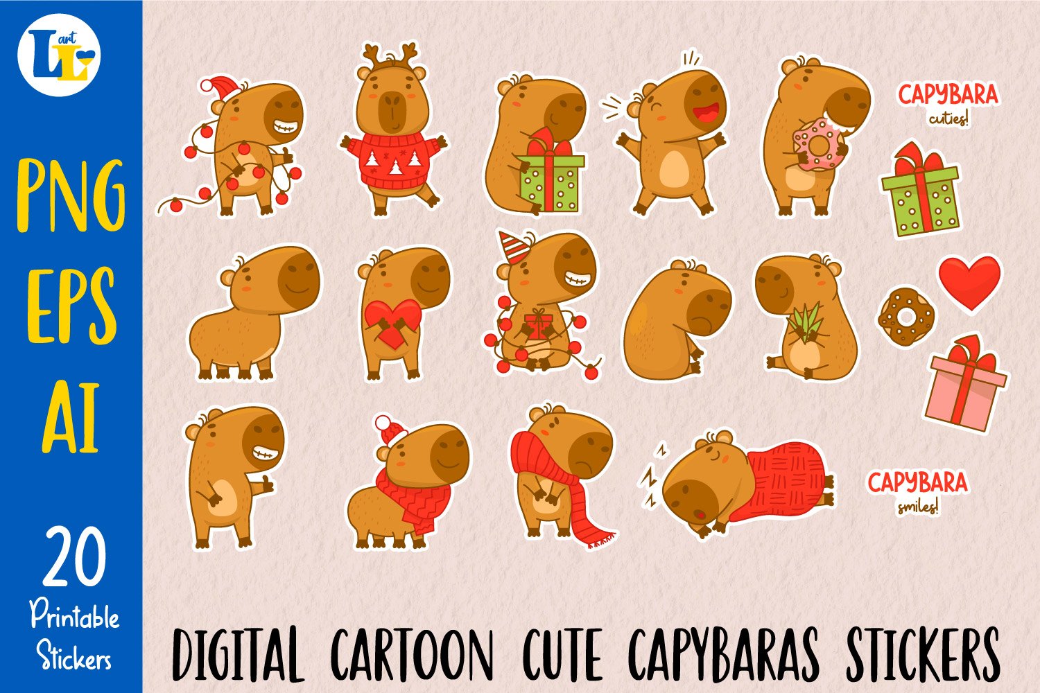 Printable digital stickers|Cute animals capybaras characters