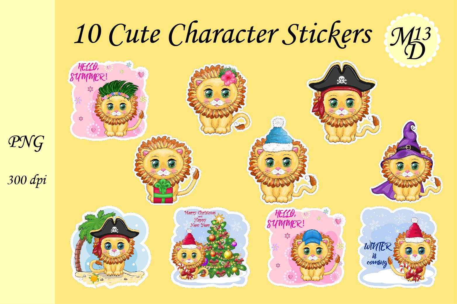 Cute lion 10 stickers png design