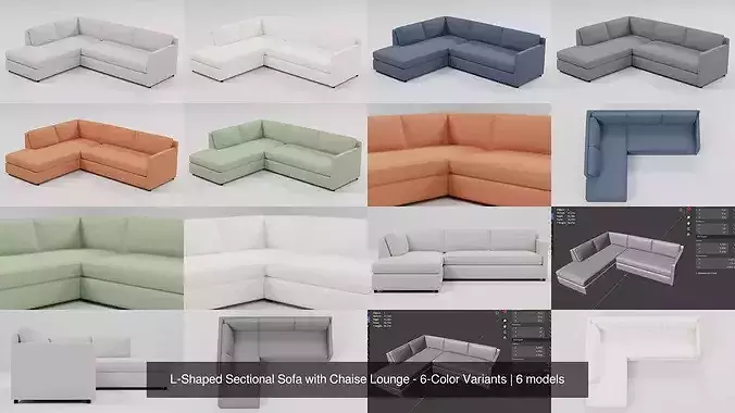 L-Shaped Sectional Sofa with Chaise Lounge - 6-Color Variants 3D Model Pack