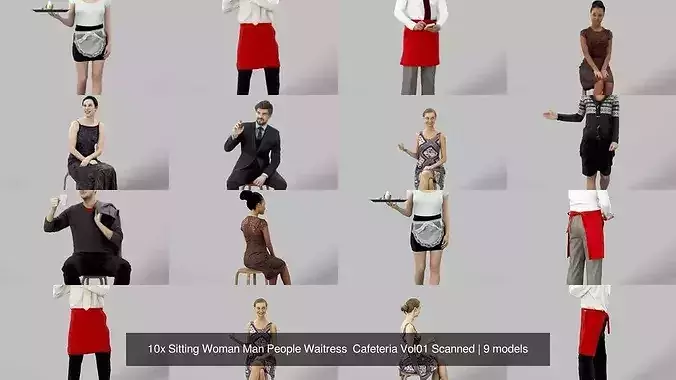 10x Sitting Woman Man People Waitress  Cafeteria Vol01 Scanned 3D Model Pack