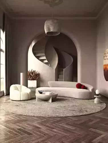 Luxury Sculptural Staircase Living Room Interior Scene 3D Model 3D model