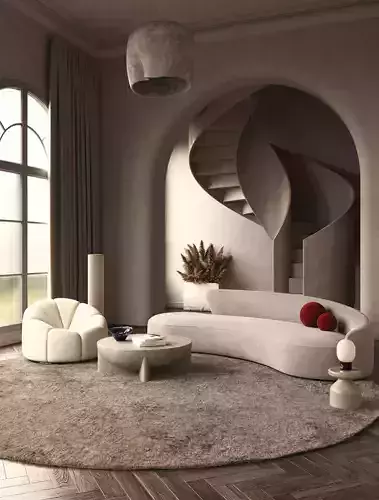 Luxury Sculptural Staircase Living Room Interior Scene 3D Model 3D model 2