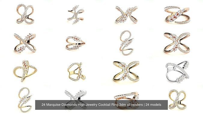 24 Marquise-Diamonds High Jewelry Cocktail Ring 3dm stl renders 3D Model Pack 2