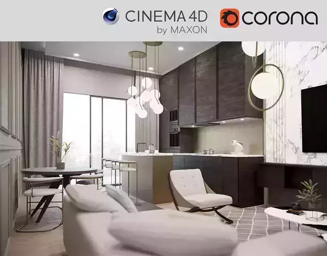 Corona - C4D files - Kitchen and Livingroom Home Interior 3D model