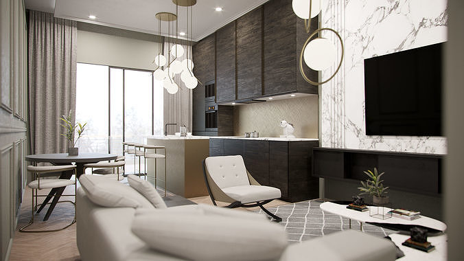 Corona - C4D files - Kitchen and Livingroom Home Interior 3D model 2