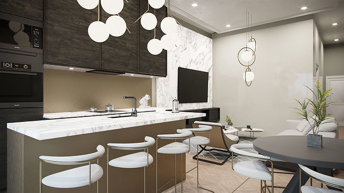 Corona - C4D files - Kitchen and Livingroom Home Interior 3D model 3