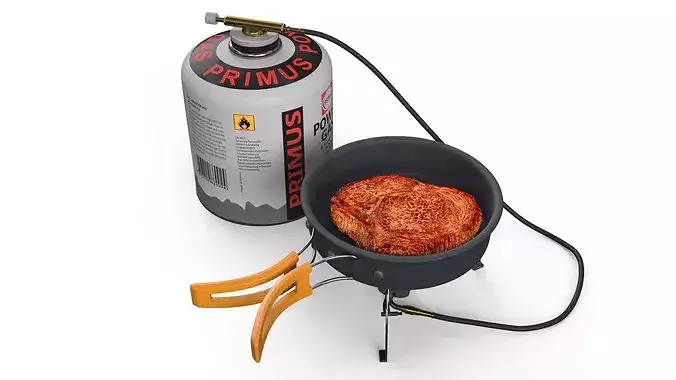 Camping Frying Pan with Steak on Gas Burner 3D model