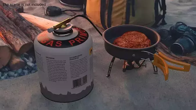 Camping Frying Pan with Steak on Gas Burner 3D model 3