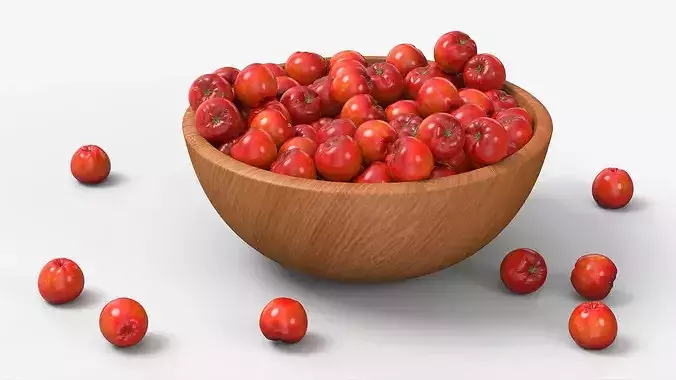 Acerola Fruit with Wooden Bowl Red 3D model