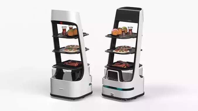 Automated Waiter Robot With Meals and Beverages 3D model