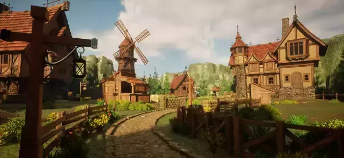 STYLIZED MEDIEVAL BUILDING ENVIRONMENT SCENE WITH ALL THE ASSET Low-poly 3D model