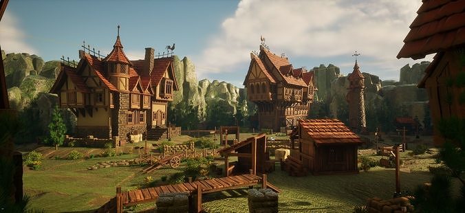 STYLIZED MEDIEVAL BUILDING ENVIRONMENT SCENE WITH ALL THE ASSET Low-poly 3D model 2