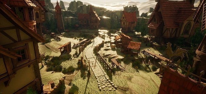 STYLIZED MEDIEVAL BUILDING ENVIRONMENT SCENE WITH ALL THE ASSET Low-poly 3D model 3
