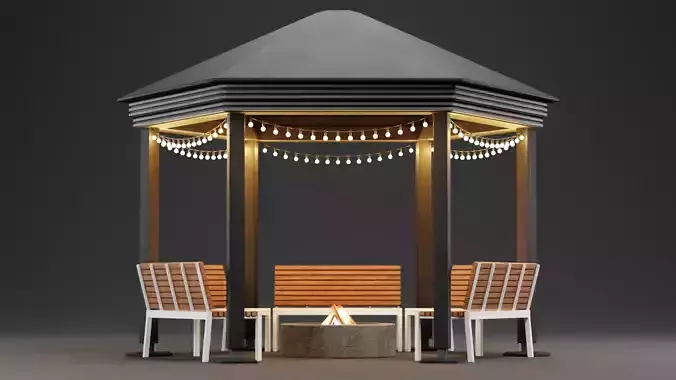 Gazebo Setup V11 - Campfire Pavilion Scene 3D model 2