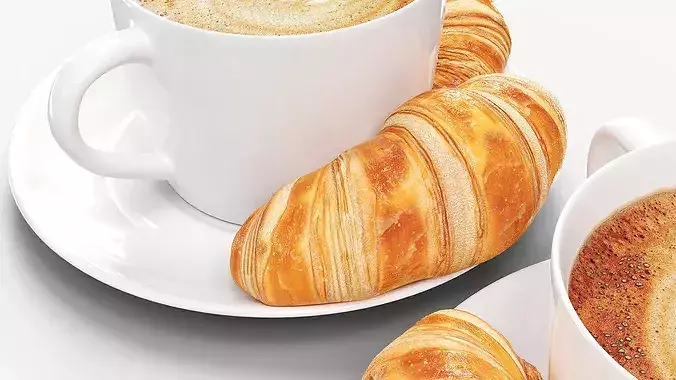 Cappuccino Ceramic Cup with Fresh Croissants 3D model 2
