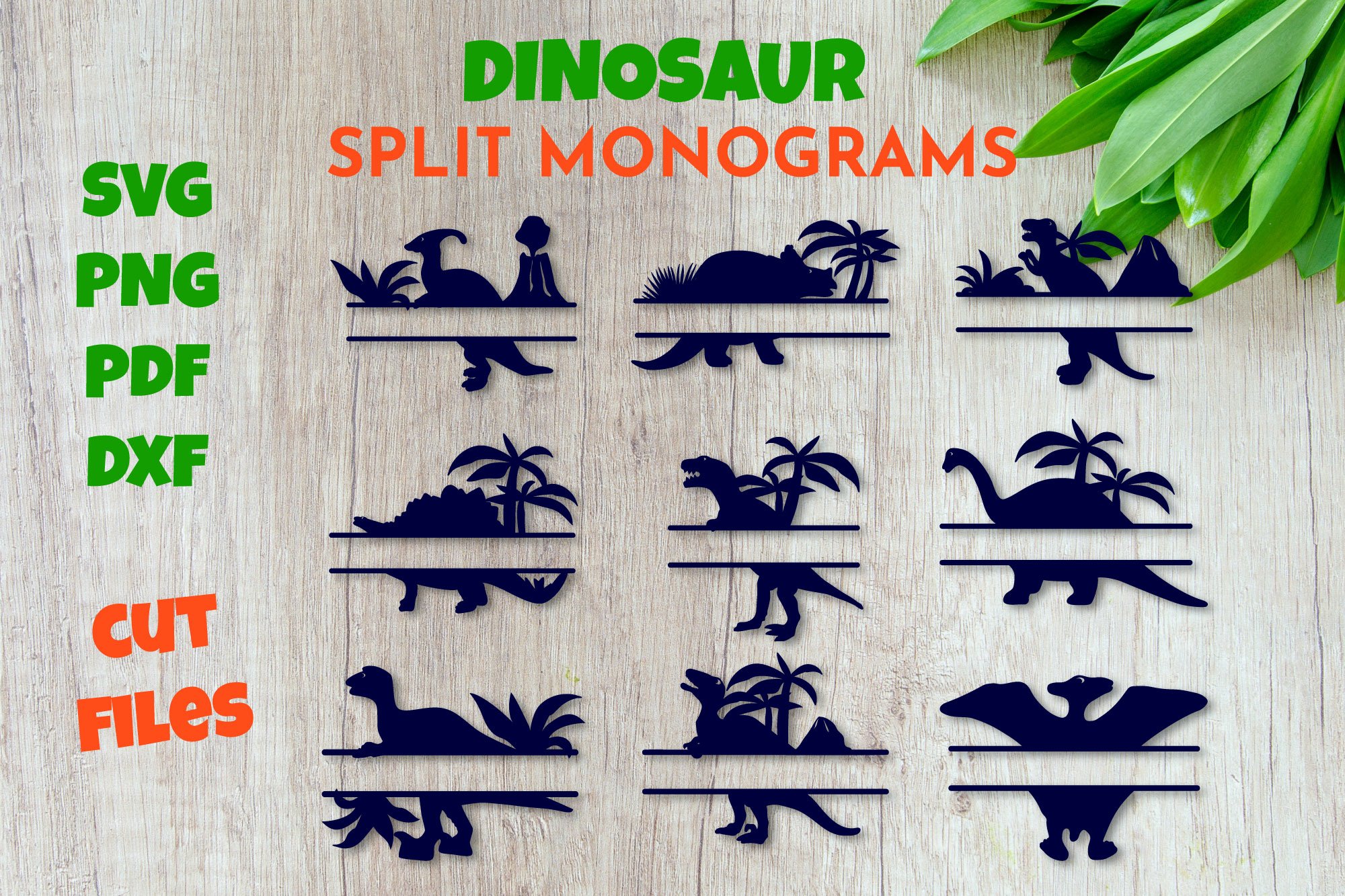 Bundle of dinosaur monogram. Dinosaur silhouette svg.