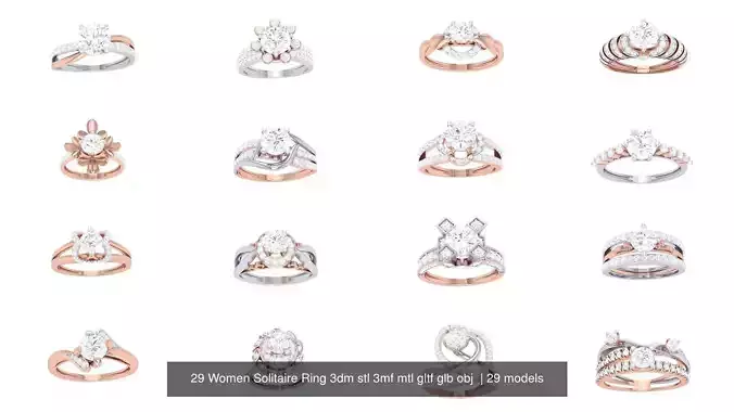 29 Women Solitaire Ring 3dm stl 3mf mtl gltf glb obj 3D Model Pack