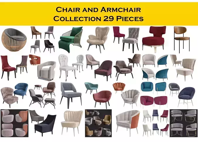 Chair and Armchair Collection 29 Pieces 3d model 3D model