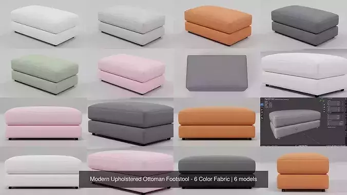 Modern Upholstered Ottoman Footstool - 6 Color Fabric 3D Model Pack