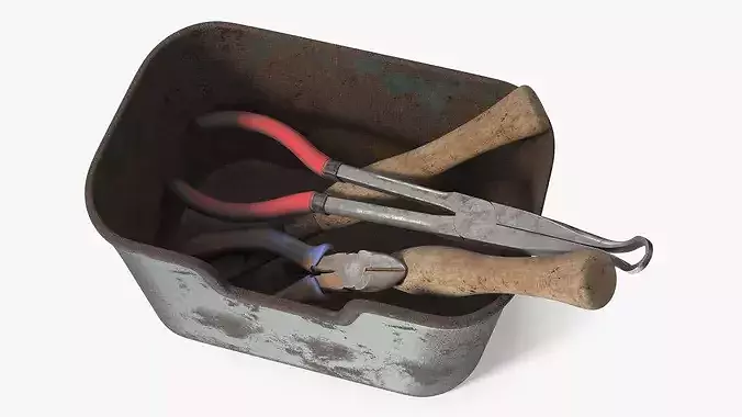 Old Hand Tool Set in Rusty Metal Tray 3D model