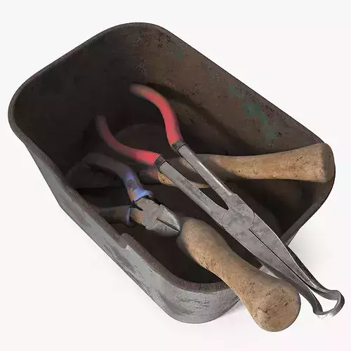 Old Hand Tool Set in Rusty Metal Tray 3D model 2