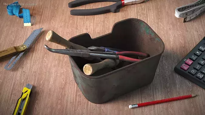 Old Hand Tool Set in Rusty Metal Tray 3D model 3