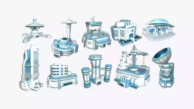 10 Sci Fi Buildings Collection A - White Blue - Exterior Design 3D Model Pack