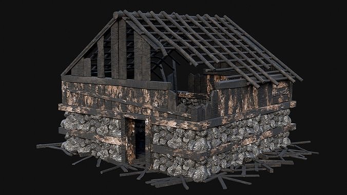 BURNED STONE HOUSES RUIN DESTROYED COTTAGE OLD AAA COLLECTION Low-poly 3D model 2